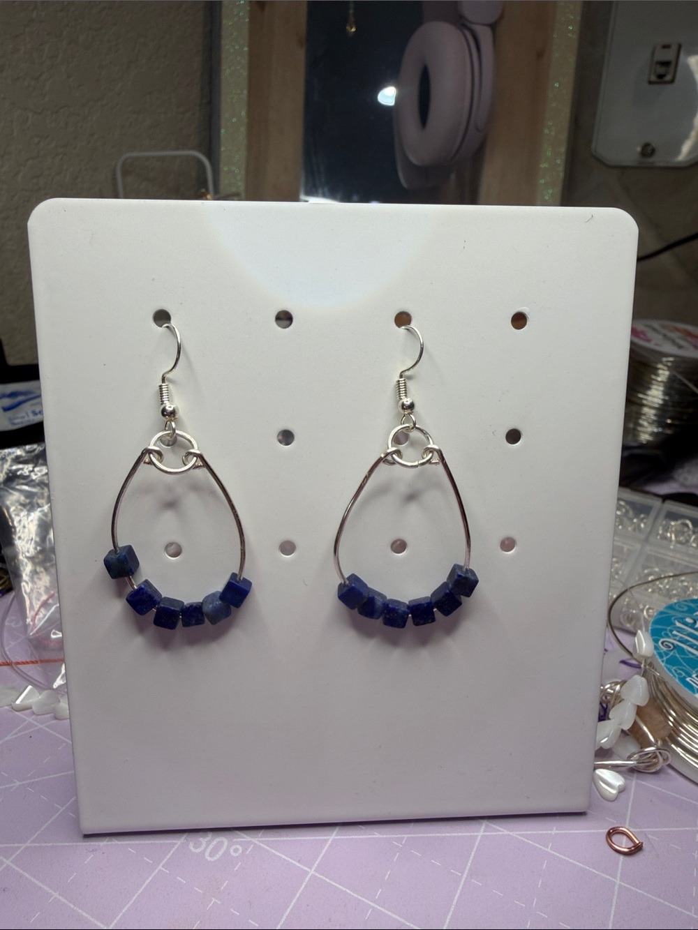 Navy Blue Beaded Teardrop Earrings - Unbranded
